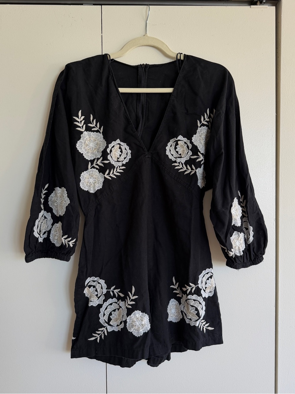 Black Linen Romper with Floral Embroidery